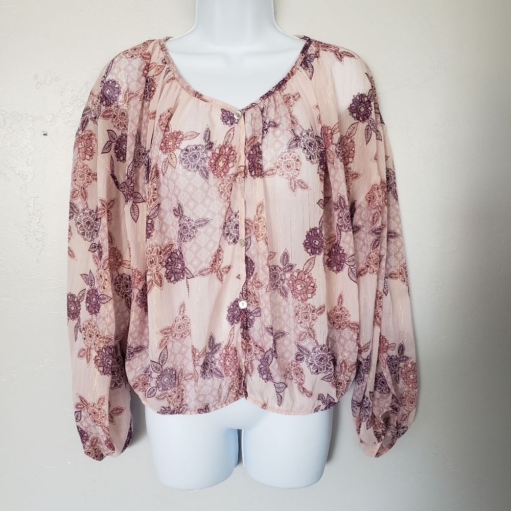Blu Pepper Small Long Sleeve Blouse Chiffon Pink Mauve Floral Metallic Gold Top